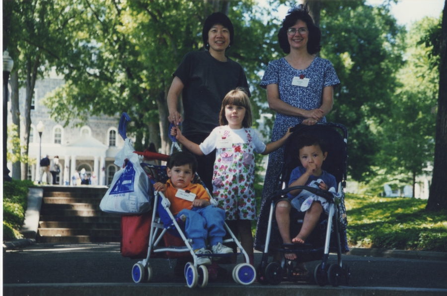 Vivian Yeh ’83 and Donna Gresh ’83 with Donna's kids, Miranda and Owen Kephart, and Vivian’s, Aiden Greer.